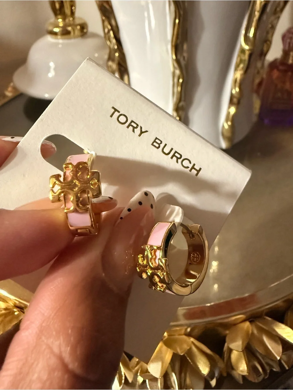 Tory Burch Pink and Gold Enamel Logo Hoop Huggie Earrings